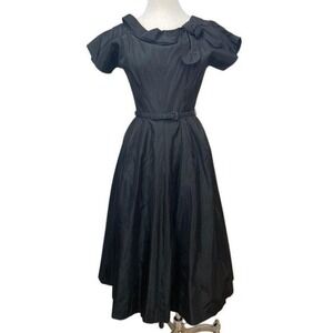 Vintage RAPPI Womens (M) 50s Black Taffeta Belted Cocktail Dress Gown Goth Midi